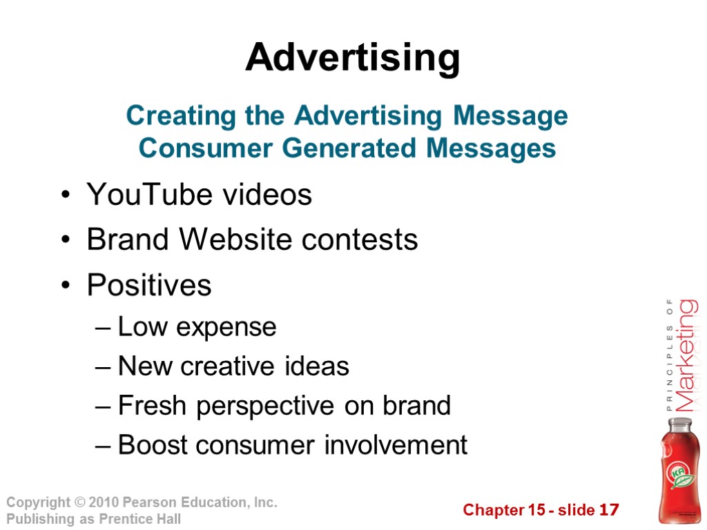 Advertising YouTube videos Brand Website contests Positives Low expense New creative ideas Fresh perspective